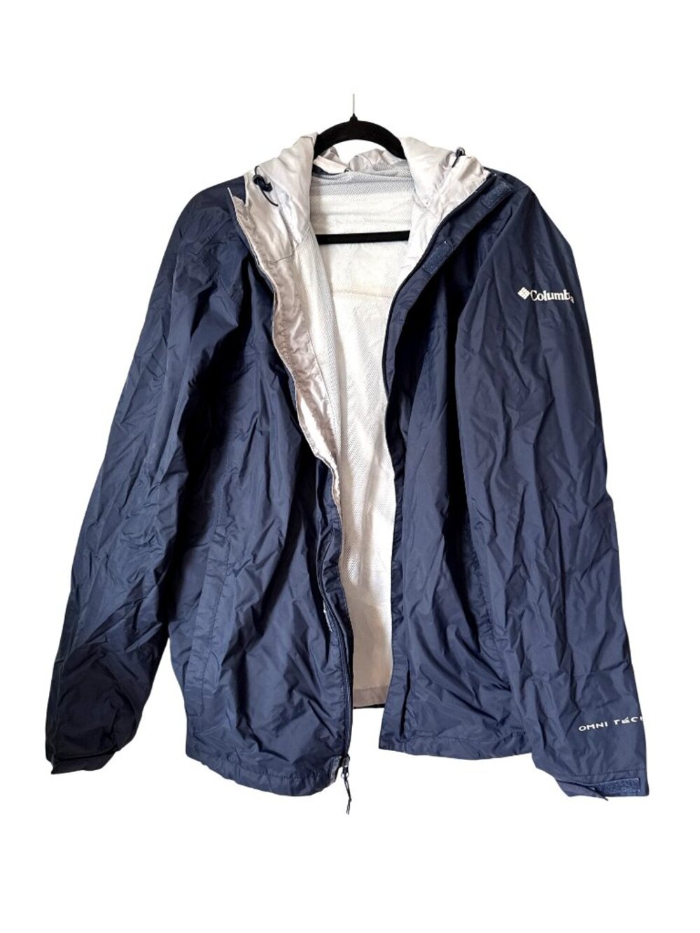 Columbia Mens Omni-Tech Navy Blue Hooded Waterproof Rain Jacket L